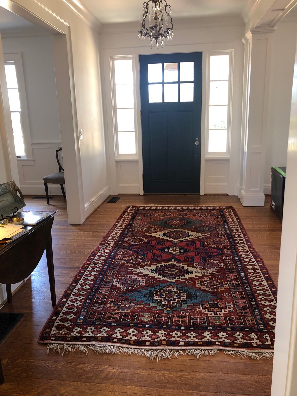Kazak rug styled in a modern living room